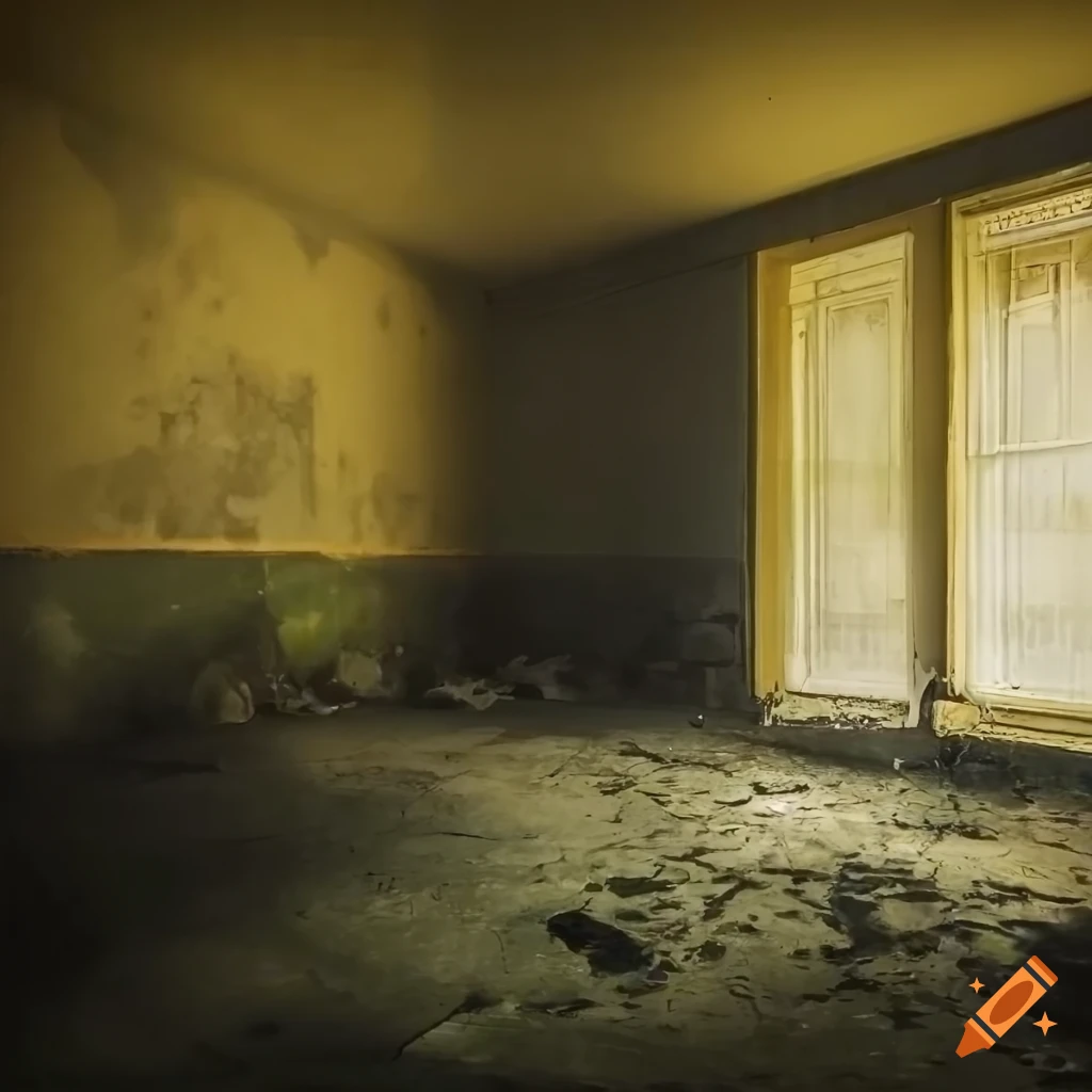 Abandoned laundry room with black swimming pool and peeling paint on