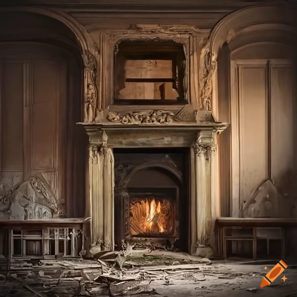 Interior of old abandoned manor living room with fireplace and bookshelves