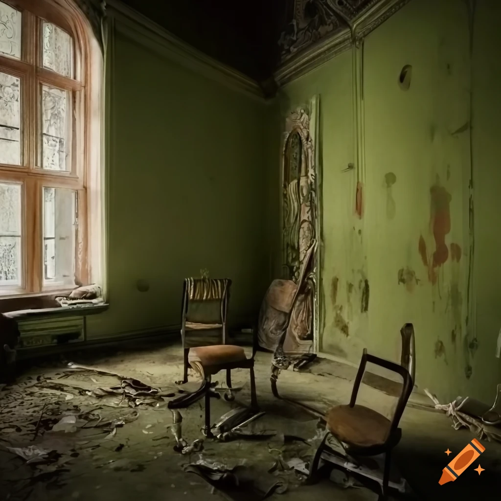 Abandoned ornate room with peeling paint and a missing wall leading to