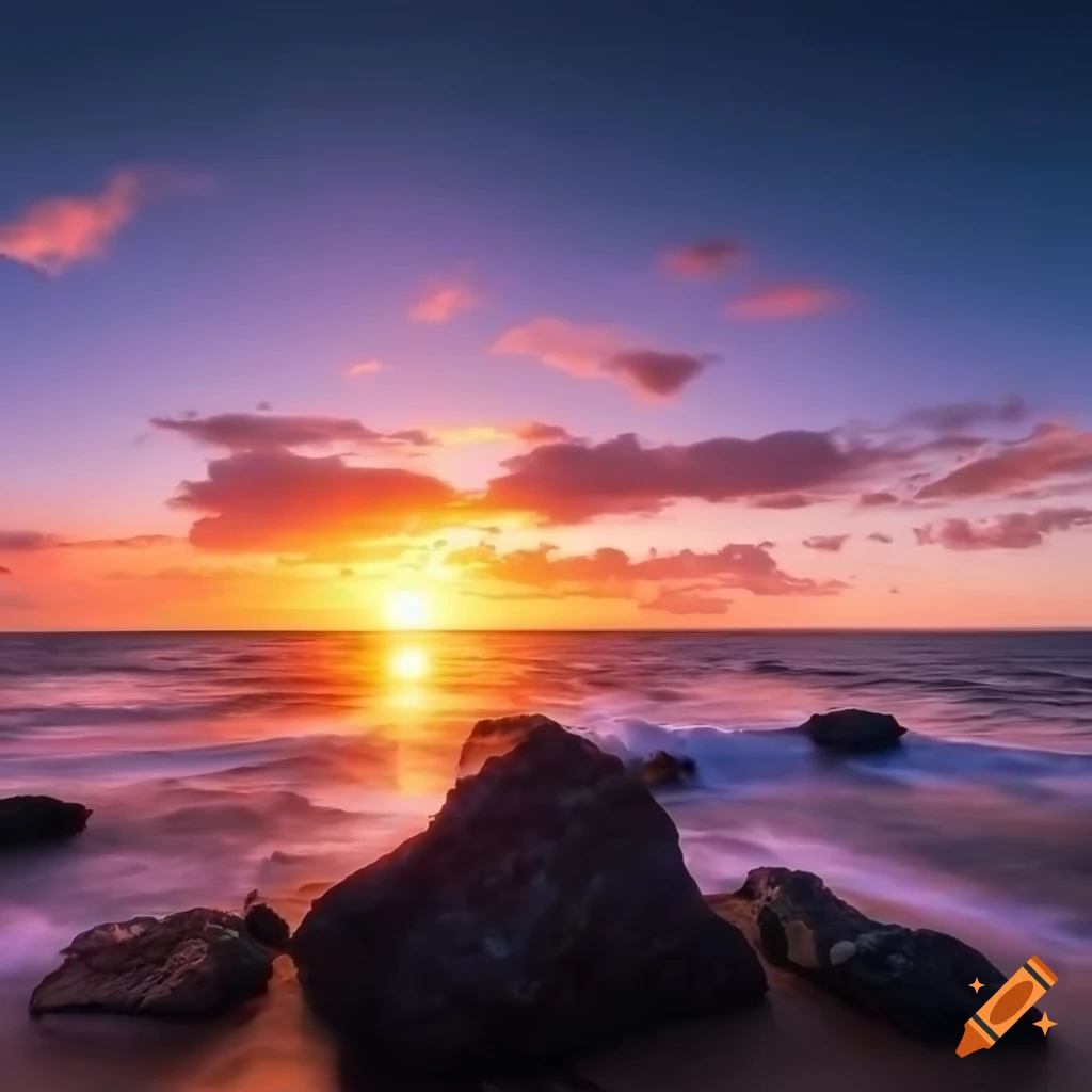 Panoramic sunset over the ocean with waves crashing against rocks on ...
