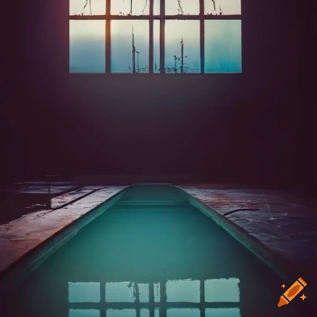 Abandoned industrial swimming pool with peeling paint under foggy