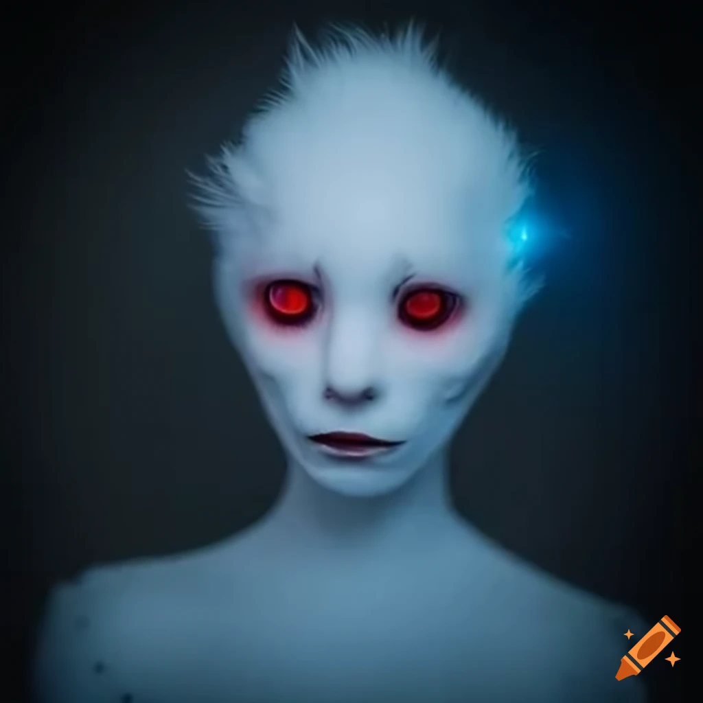 White furry humanoid with glowing red eyes on Craiyon