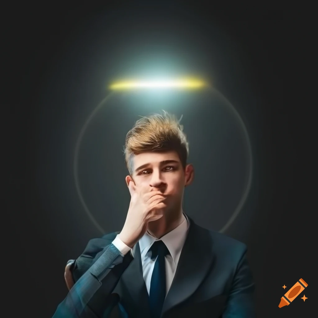 Young man in a suit with a bright halo on his head against a black background