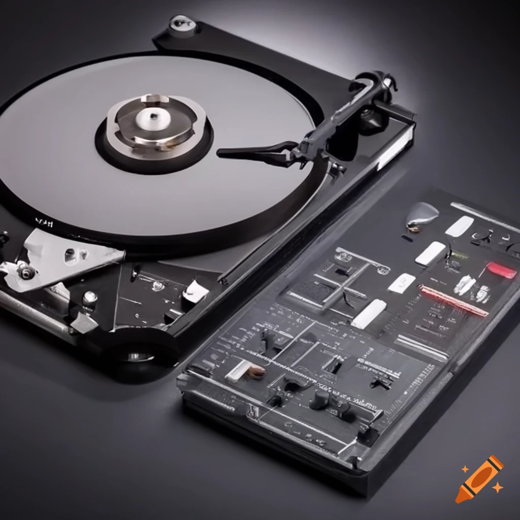 Set of turntables made of hard drives with a mixer in the middle on Craiyon