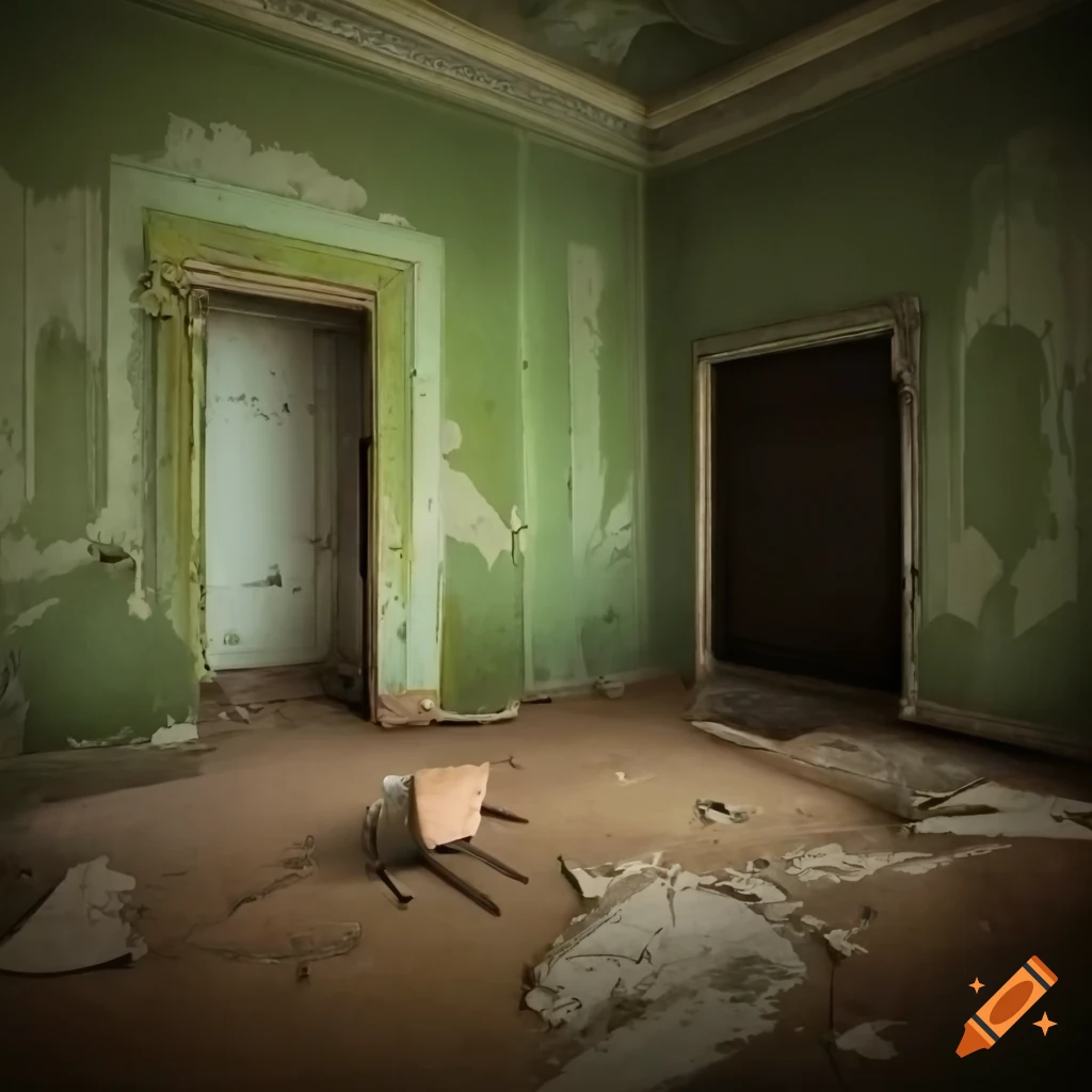 Abandoned ornate room with peeling paint and a missing wall leading to