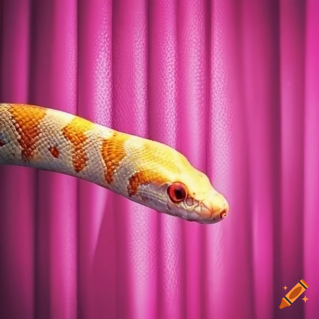 Albino python on a pink curtain backdrop on Craiyon