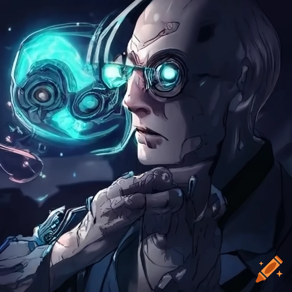 Sci-fi lab man with a mechanic brain
