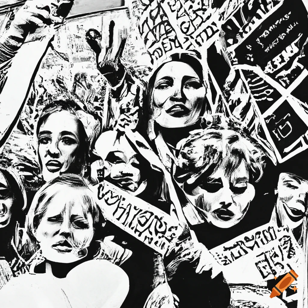 Protest Prints Women protesting in the street with signs in a lino print style on Craiyon