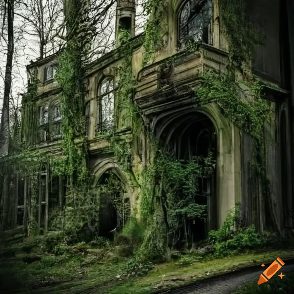 Eerie and decaying Gothic mansion with overgrown plants and lonely atmosphere