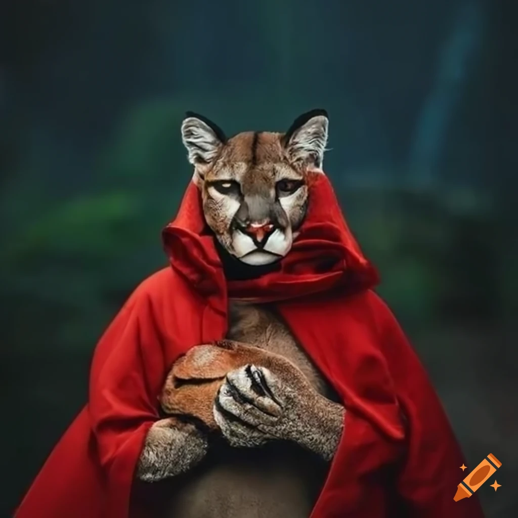 Athletic cougar in red hood cloak with intricate mask in the wilderness
