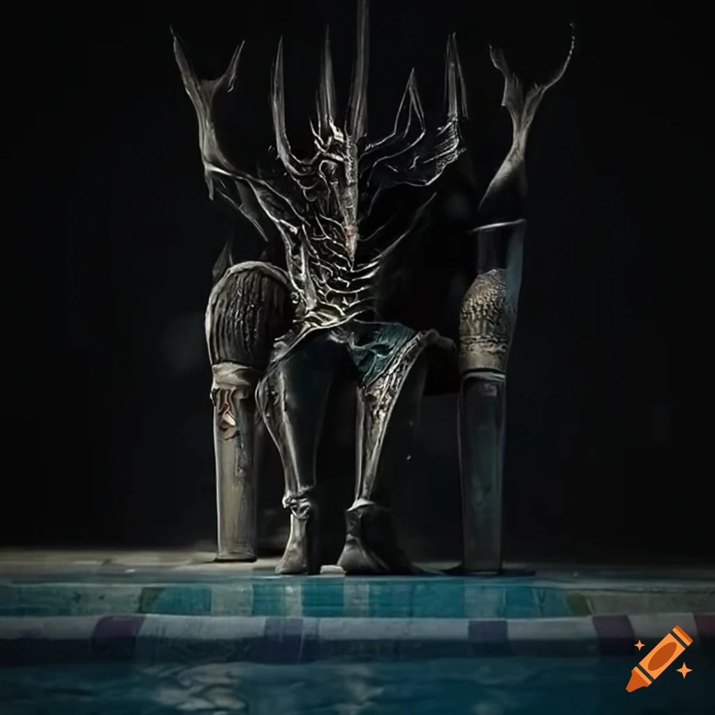 Dark lord Sauron lounging on a poolside chair
