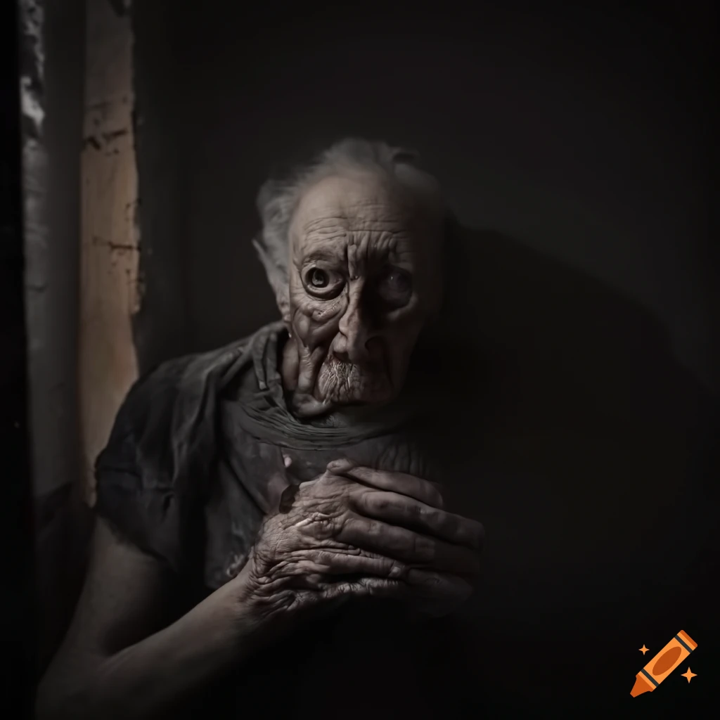 Eerie elderly man crouching in a dark attic