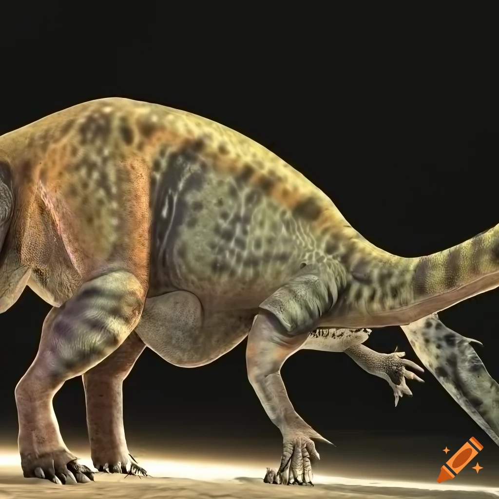 Pachycephalosaurus dinosaur with lizard color pattern and elephant-like texture, backlit in warm morning