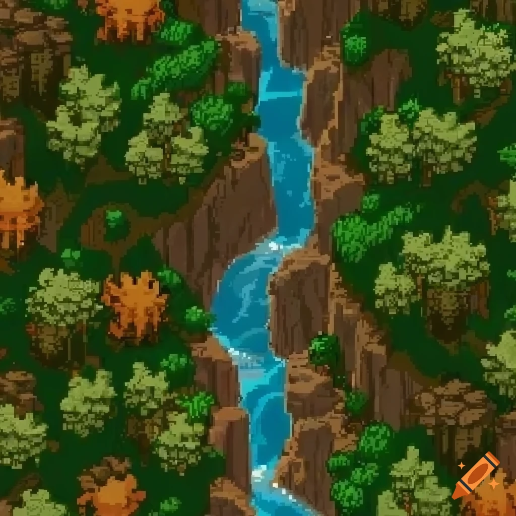 2D pixel art of canyon near jungle river in RPG maker tileset