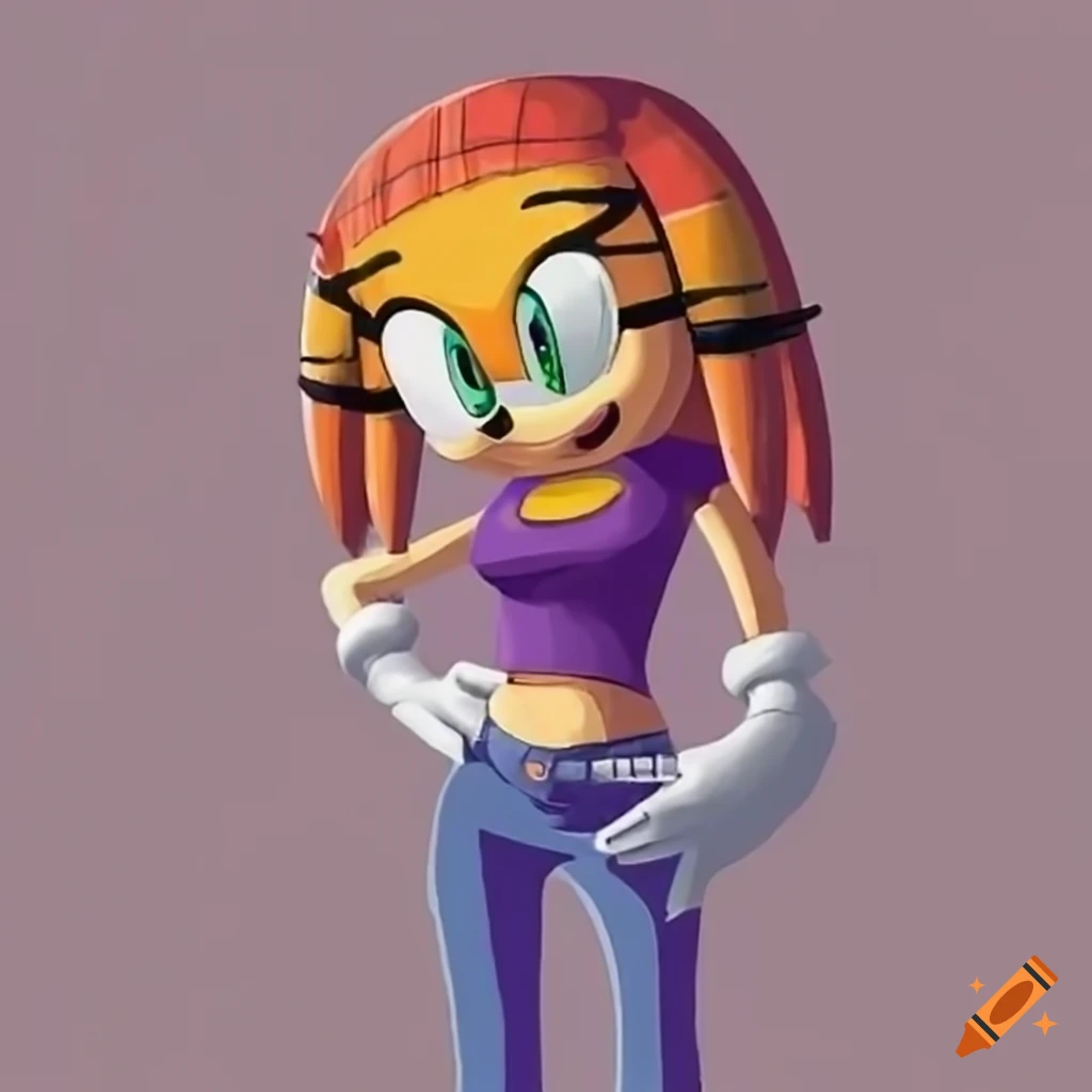 Tikal from sonic wearing a purple t-shirt and blue jeans on Craiyon
