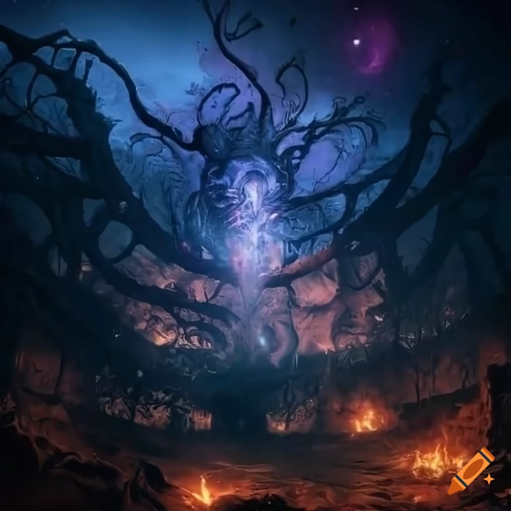 Intricate mural of elden ring's cosmic world with eldritch and