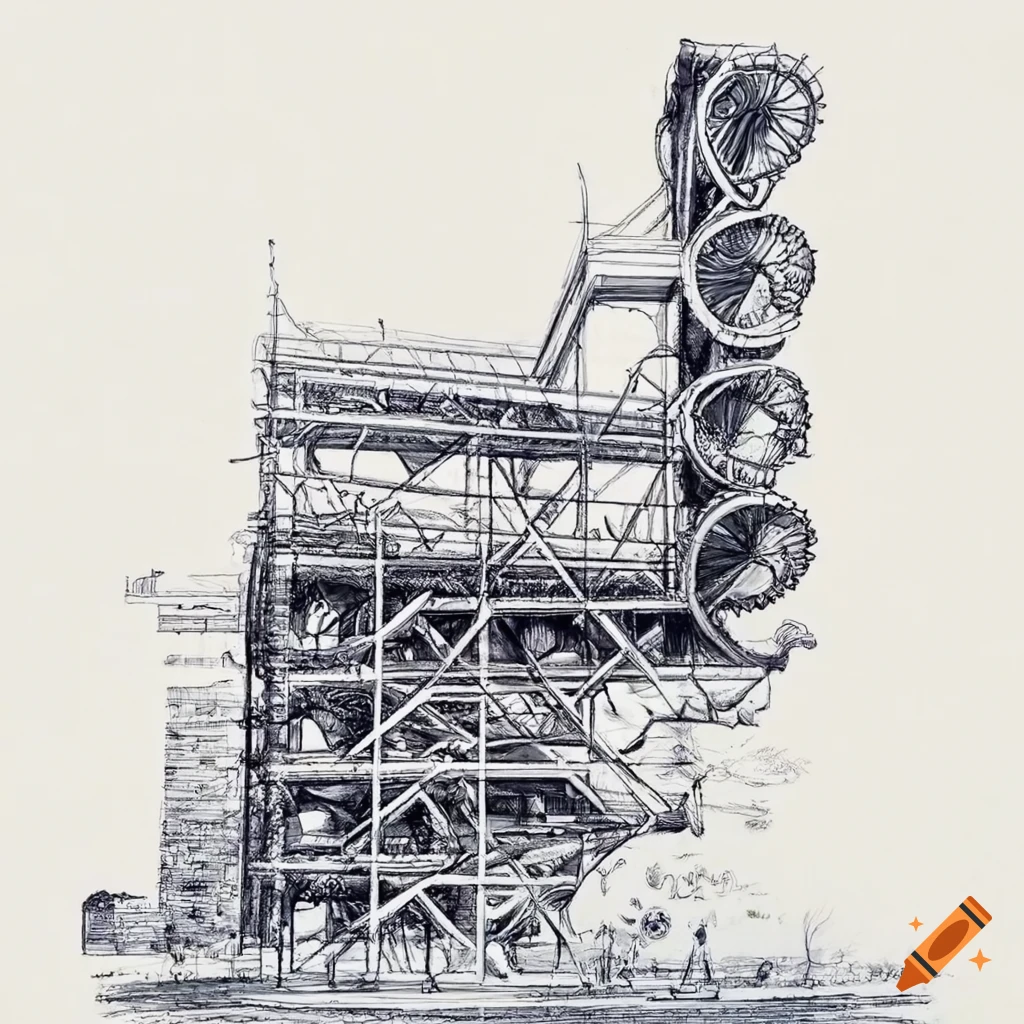 Intricate pencil drawing of centre pompidou on Craiyon