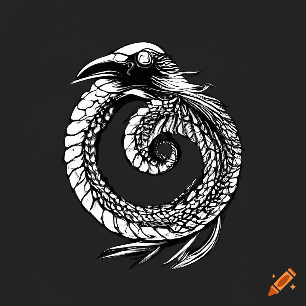 Black and white line art illustration of ouroboros with a raven head on