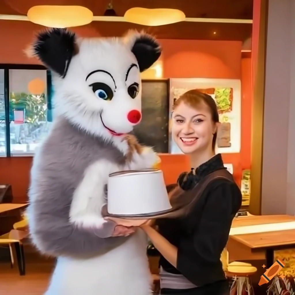 Friendly waitress in a possum fursuit serving at a fast food restaurant