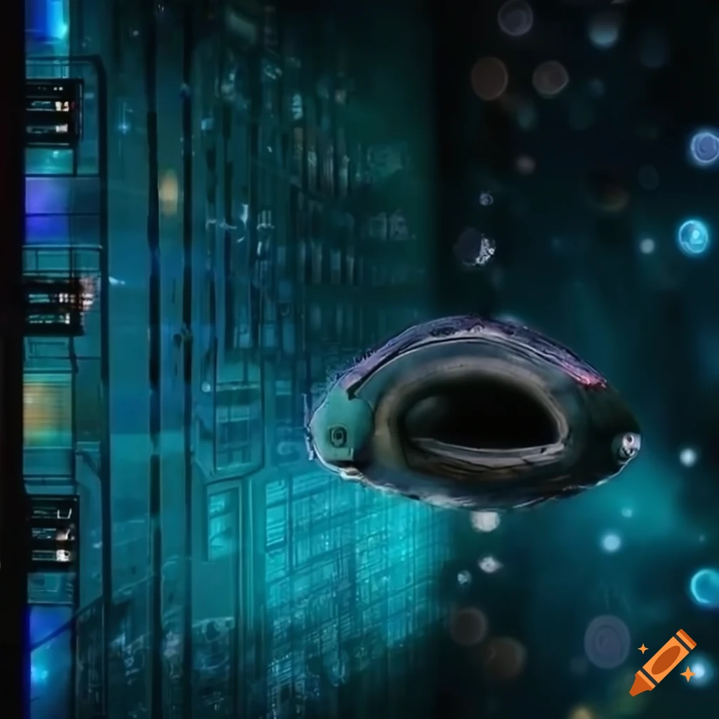 Surrealist alien spaceship machine in front of computer windows