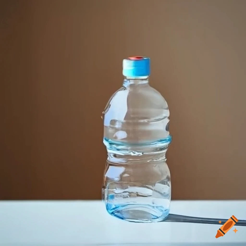 Botella de agua pequeña con etiqueta roja sobre mesa blanca on Craiyon