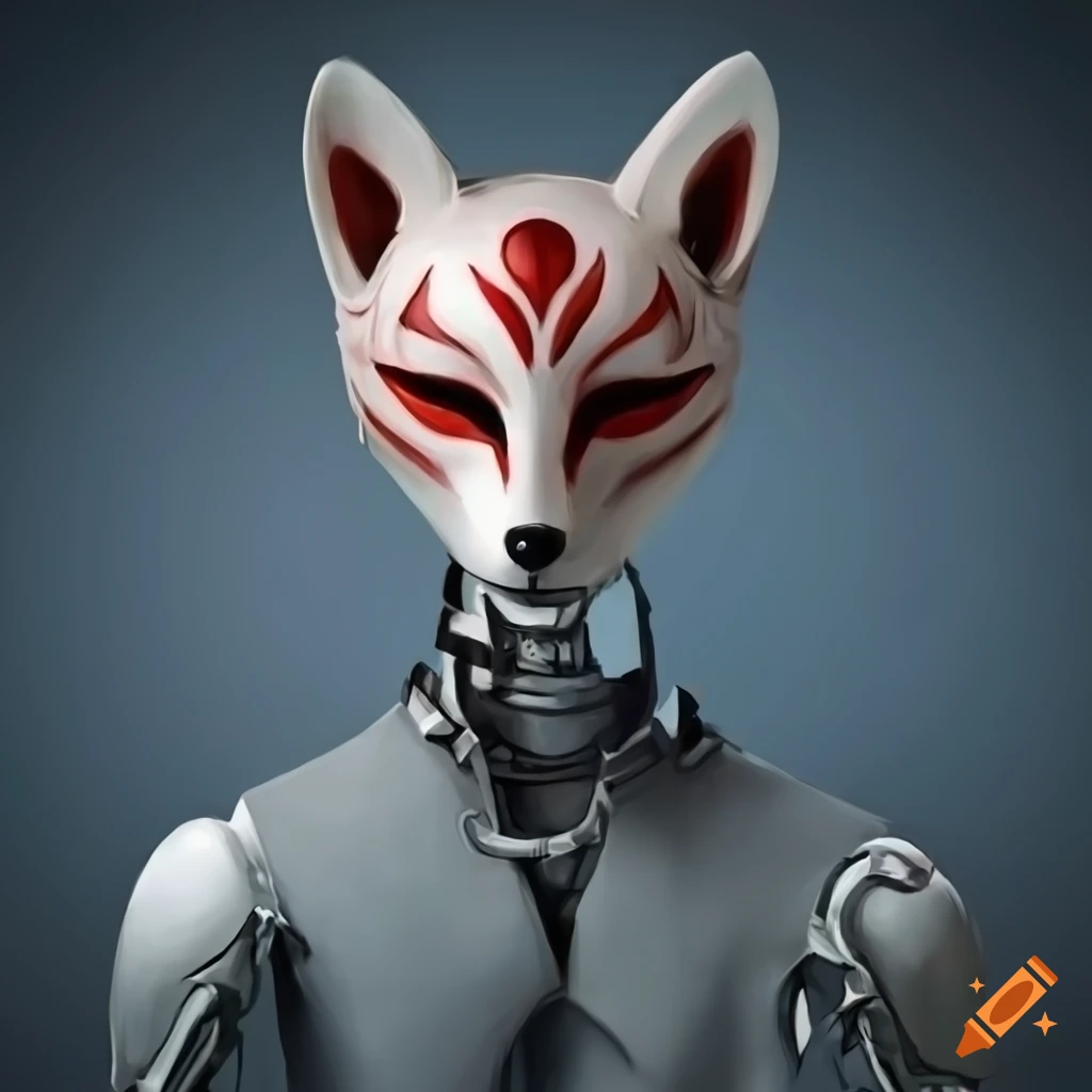 Humanoid fox with kitsune mask and robot arm, wearing gray pants and black shoes