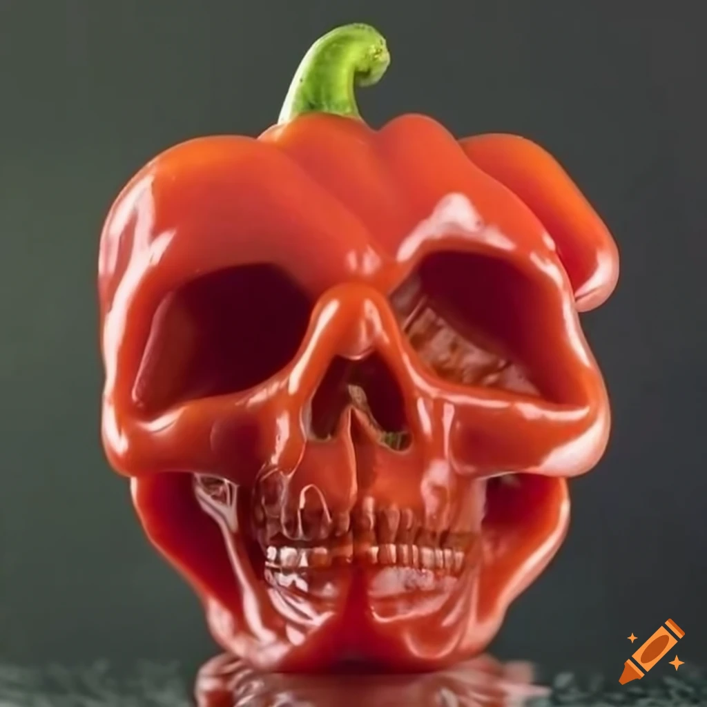 Ripe red bell pepper with skull-shaped impression on glass surface