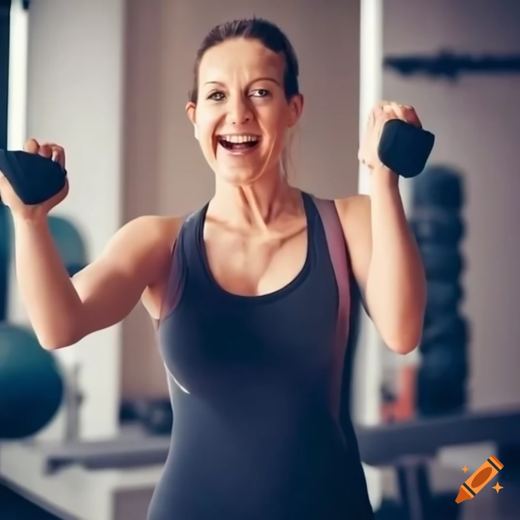 Proud woman celebrating weight loss journey at the gym on Craiyon