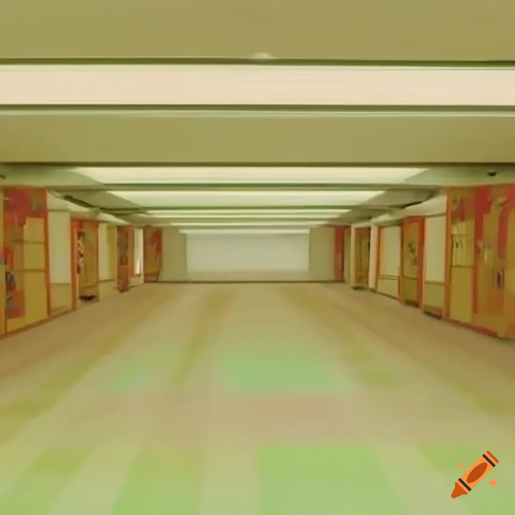 VHS footage of a big liminal space with static, realistic, and dreamcore elements