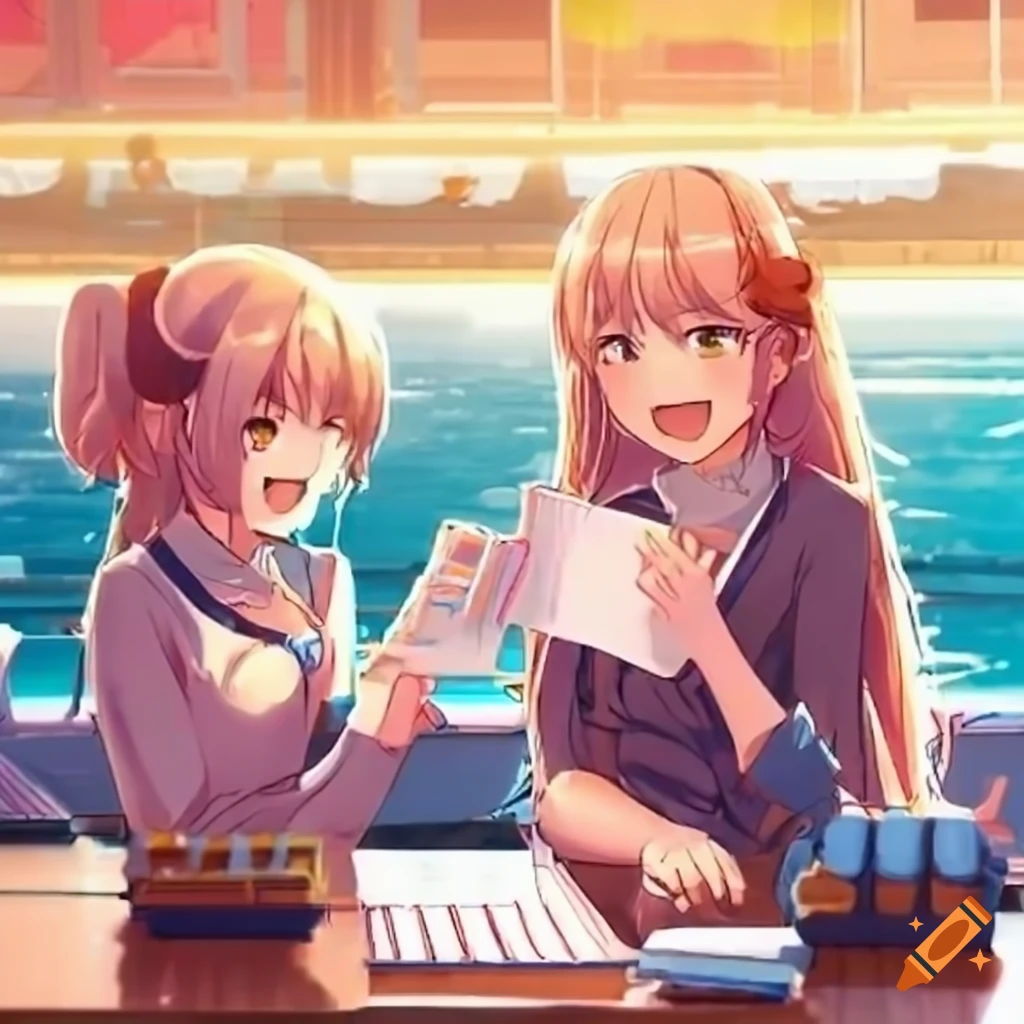 Cheerful anime girls in a lively cafe enjoying science books with a view of the harbor