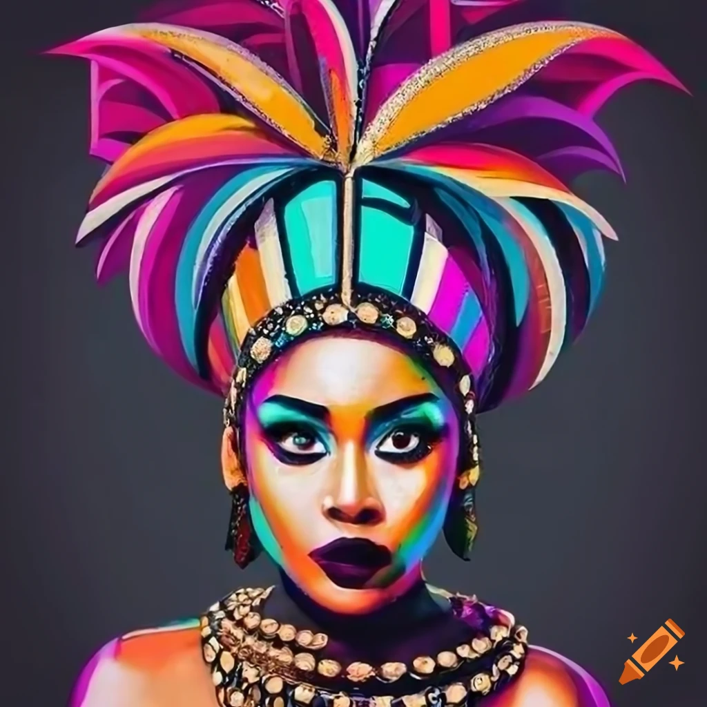 Woman wearing african carnival mask with rio de janeiro inspired ...