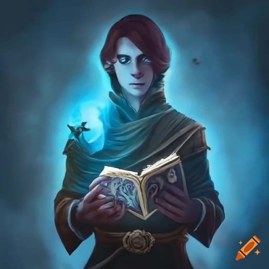Young sorcerer casting blue lightning magic with a spellbook