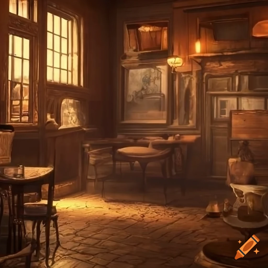 Cozy 19th century coffee shop interior in a small town with fantasy ...