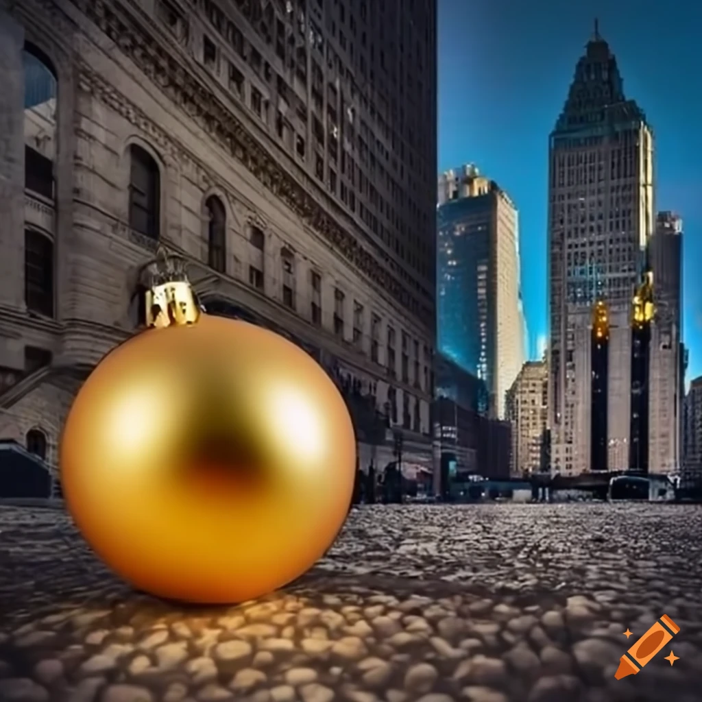 Golden Christmas balls in front of Wall Street Stock Exchange building
