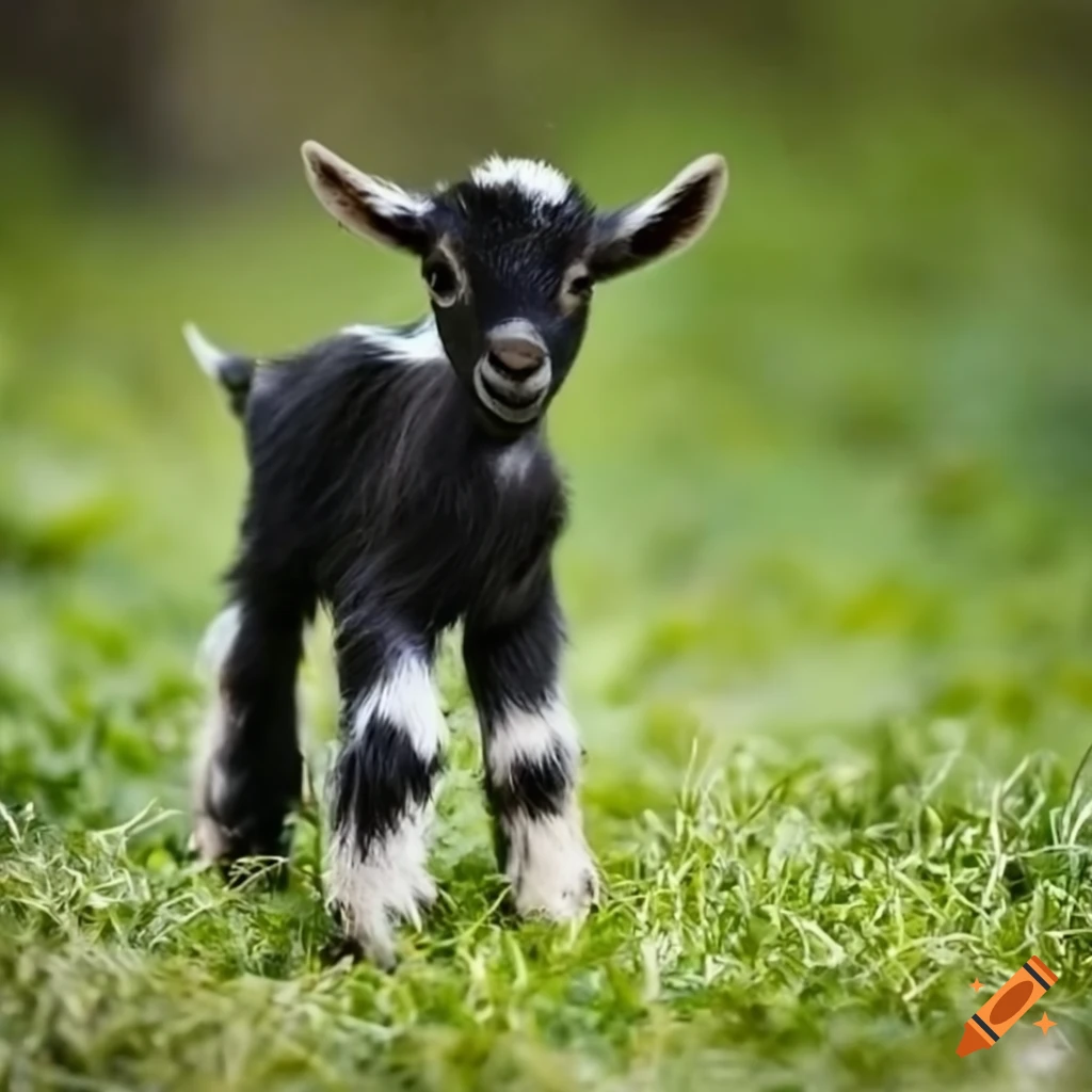 Black and white baby goats among ferns and Easter eggs