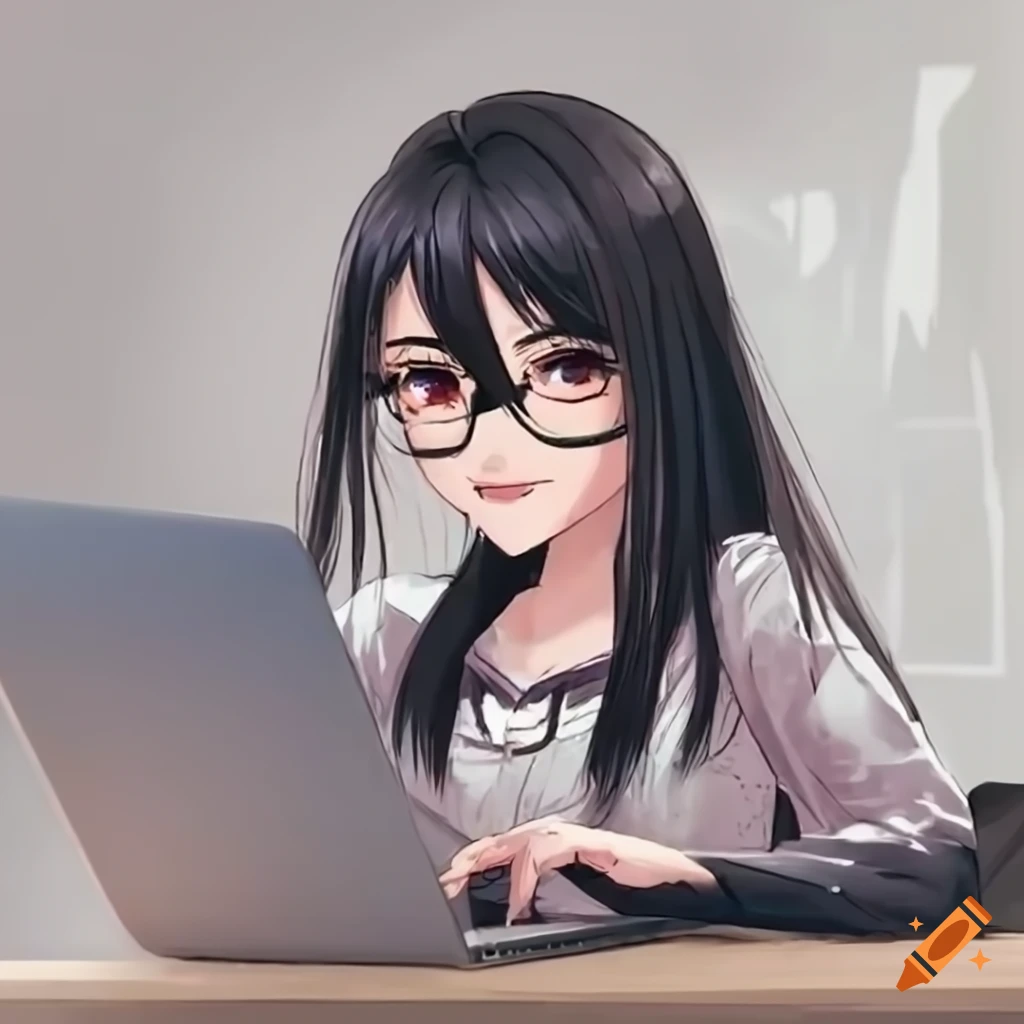 Dark-haired anime woman coding on laptop in office on Craiyon