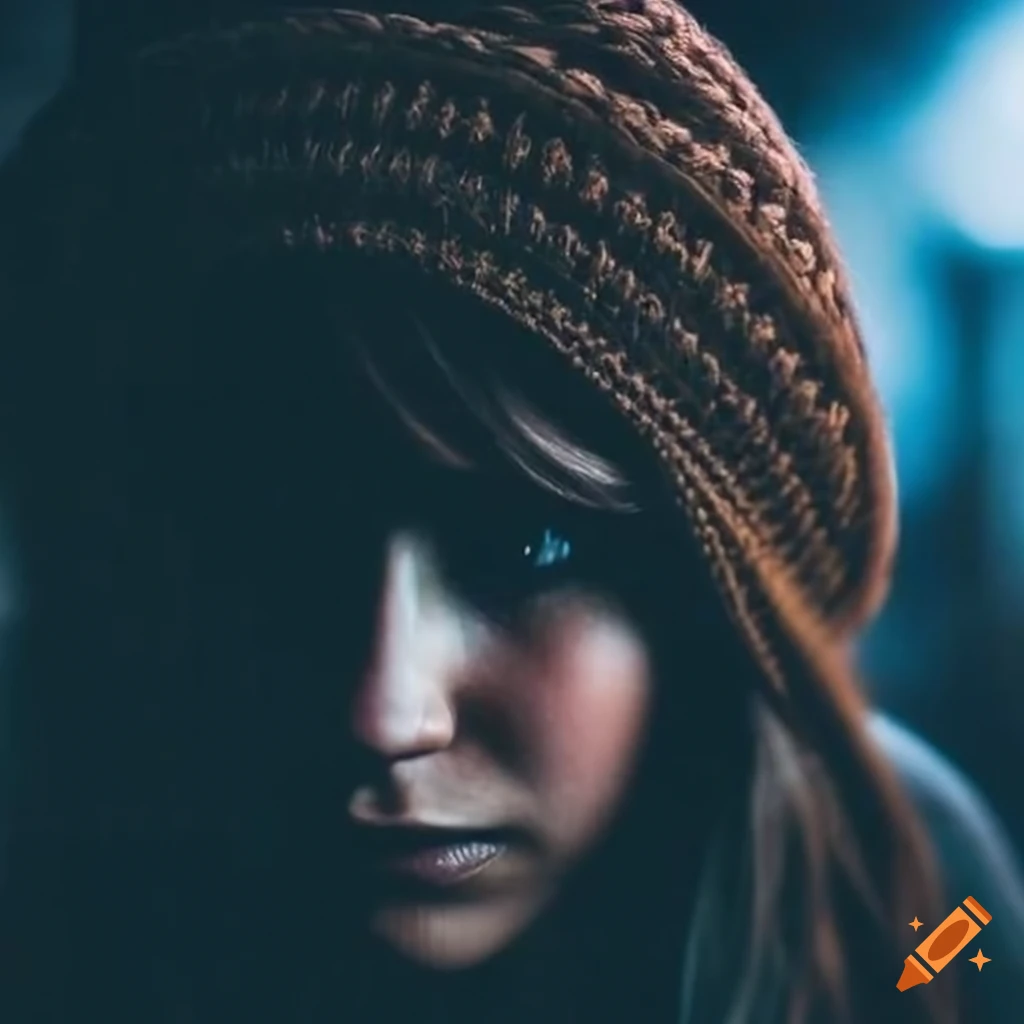 Silhouette of young homeless woman hiding on the street at night