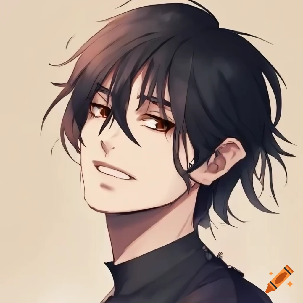 Young man with long black hair and brown eyes in anime style on Craiyon
