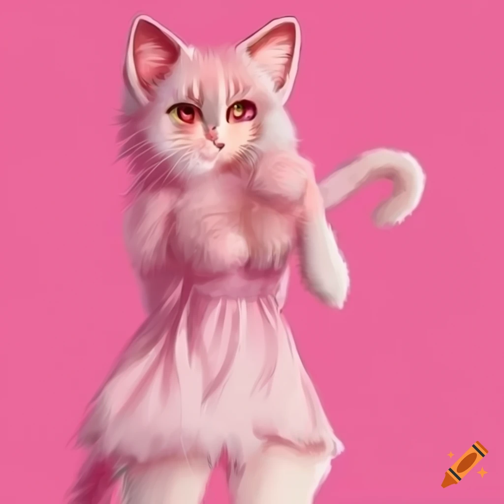 Female cat standing in anime style with pink fur and dress