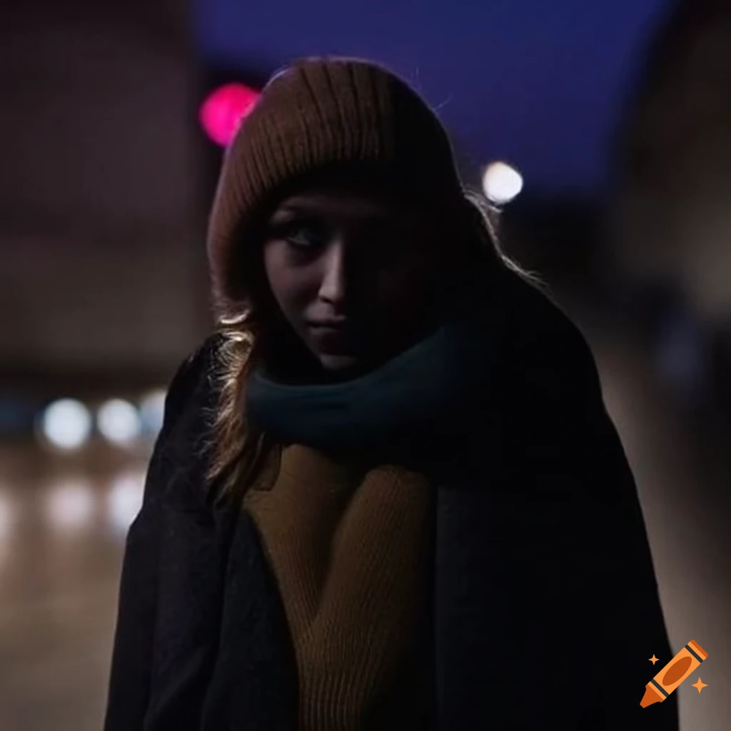 Silhouette of young homeless woman hiding on the street at night