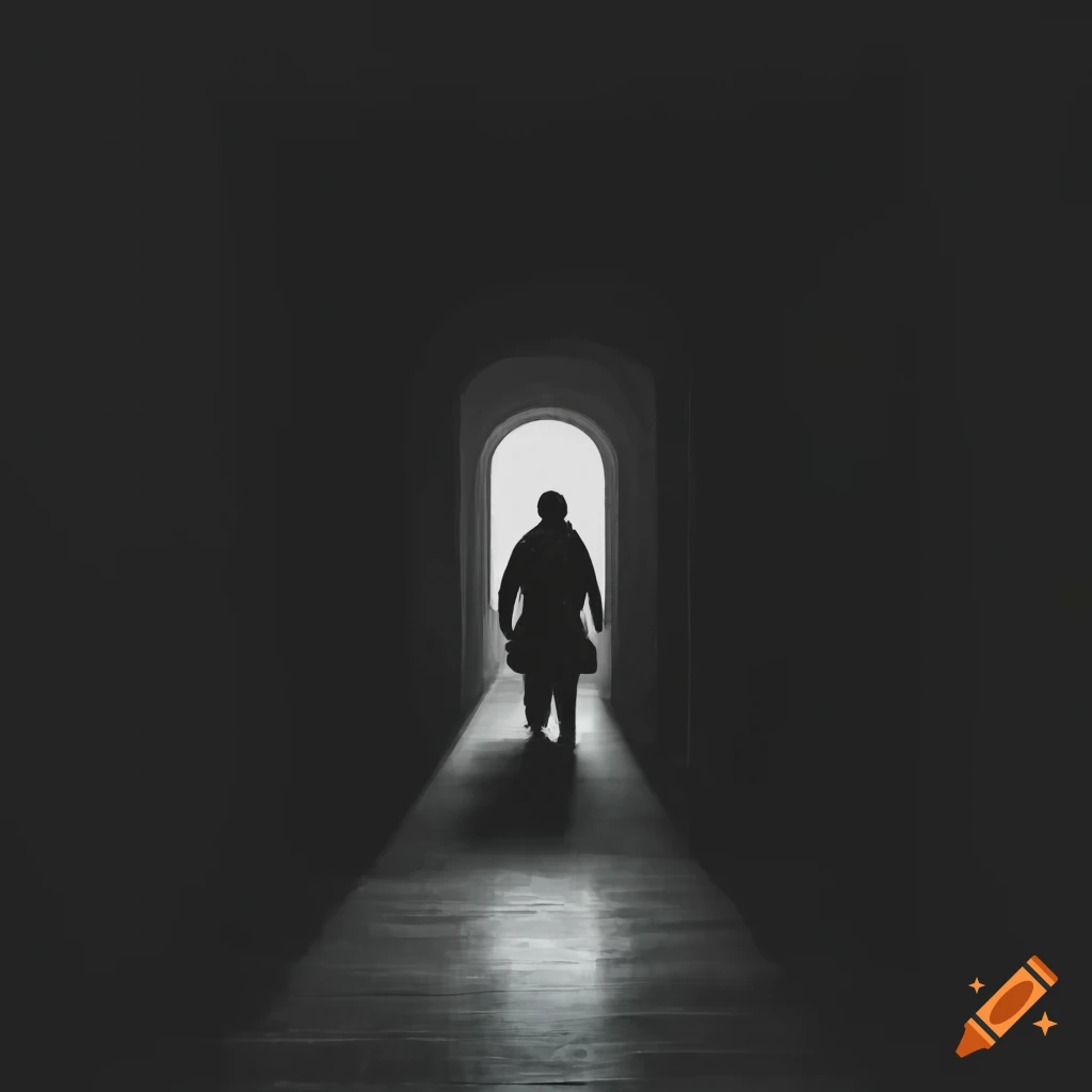 Person walking towards light at the end of a dark corridor