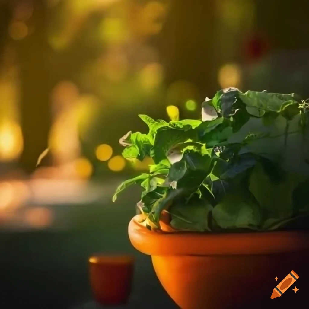 Vegetable garden in containers on a patio with a golden hour glow
