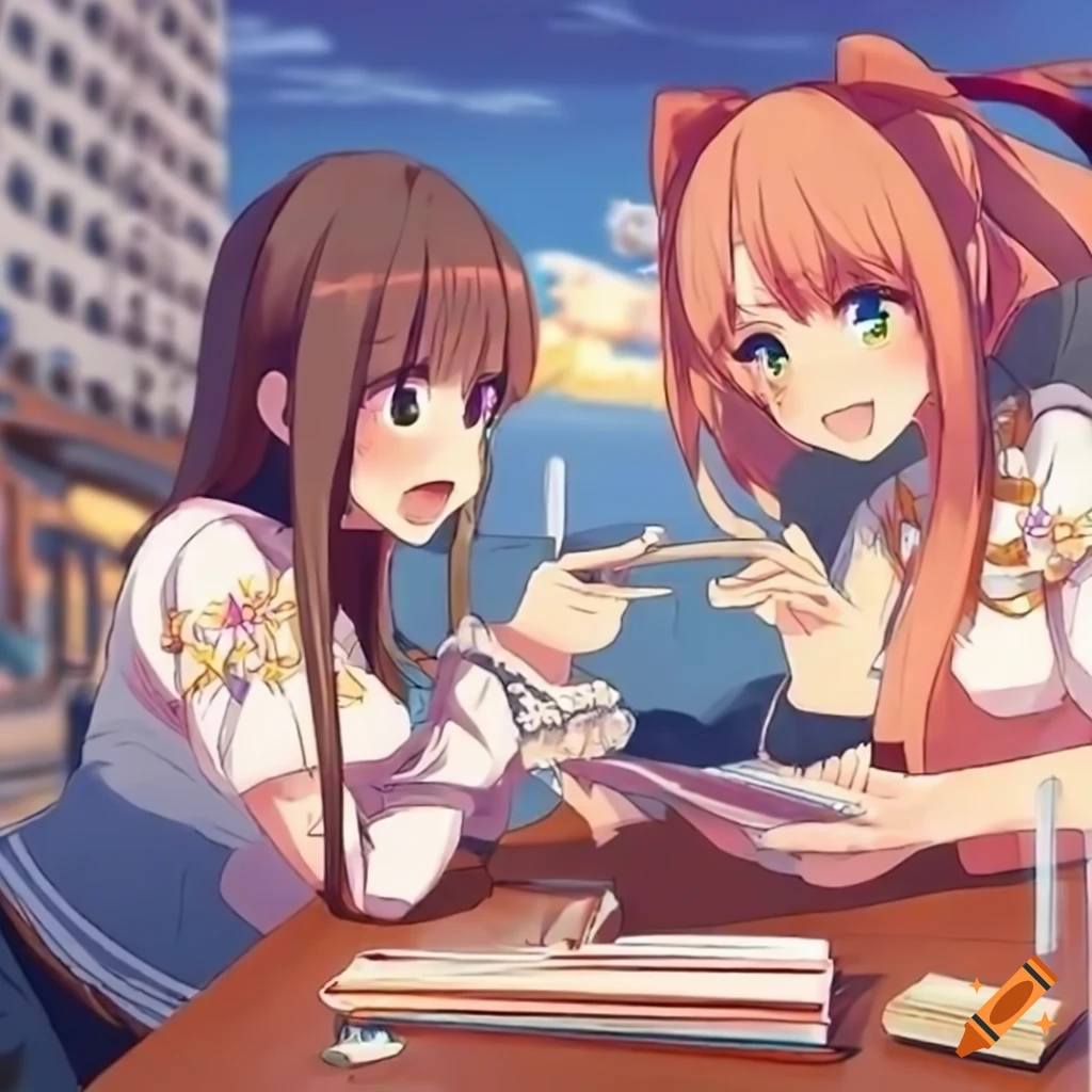 Cheerful anime girls in a lively cafe enjoying science books with a view of the harbor