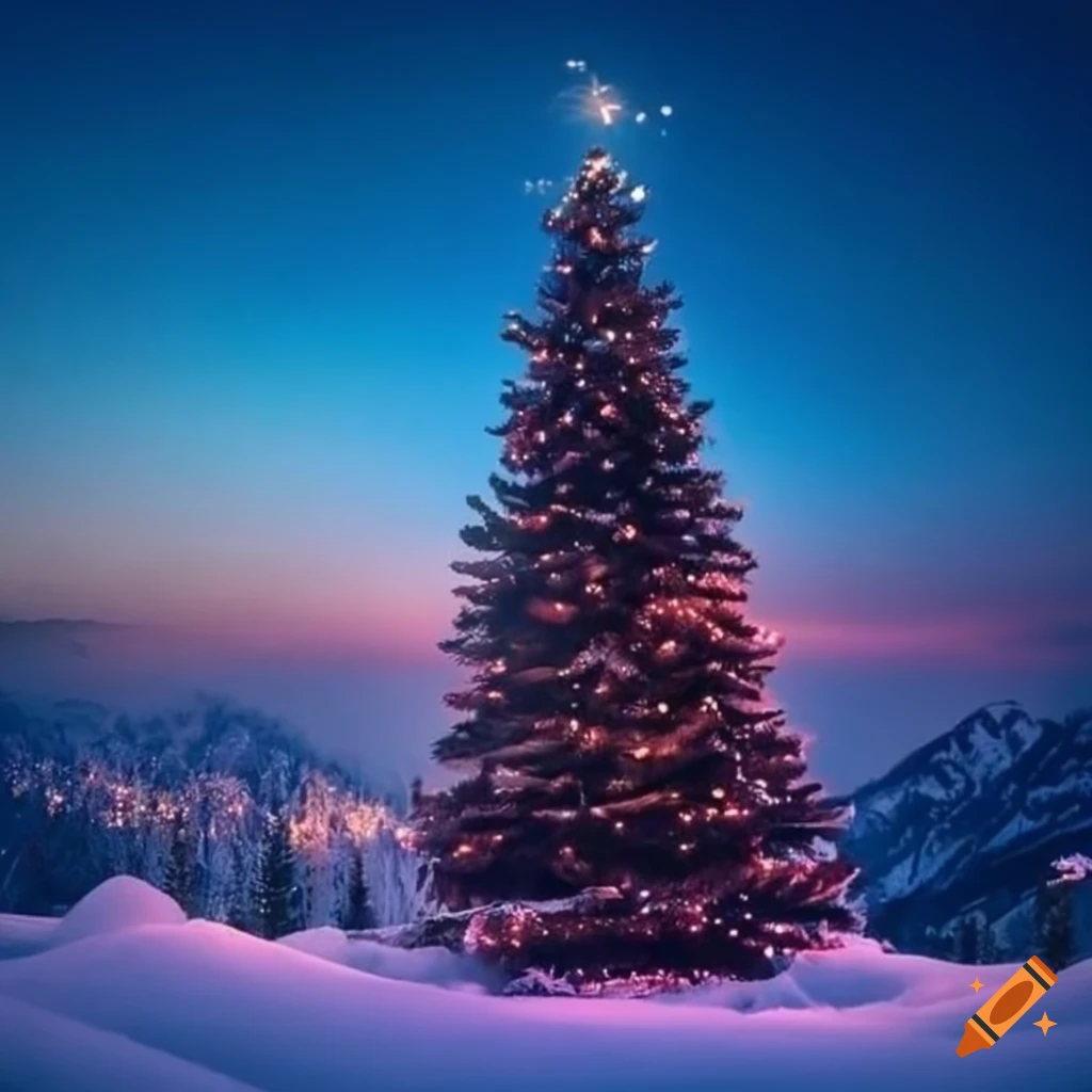 Christmas tree with twinkling lights on a snow covered mountain top on ...
