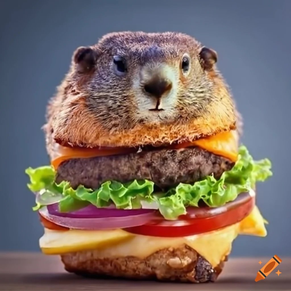 Burger with groundhog-like patty, lettuce, tomato, Swiss cheese, served with french fries and Pepsi