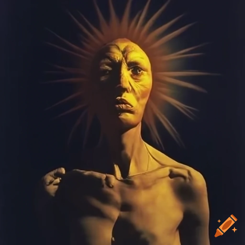 Cloaked figure with a sun face standing by a full length mirror in surreal arthouse film