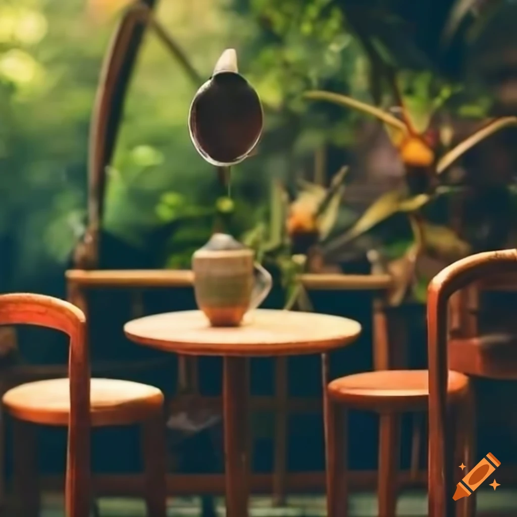 Rustic espresso bar in a botanical garden with exotic plants and birds