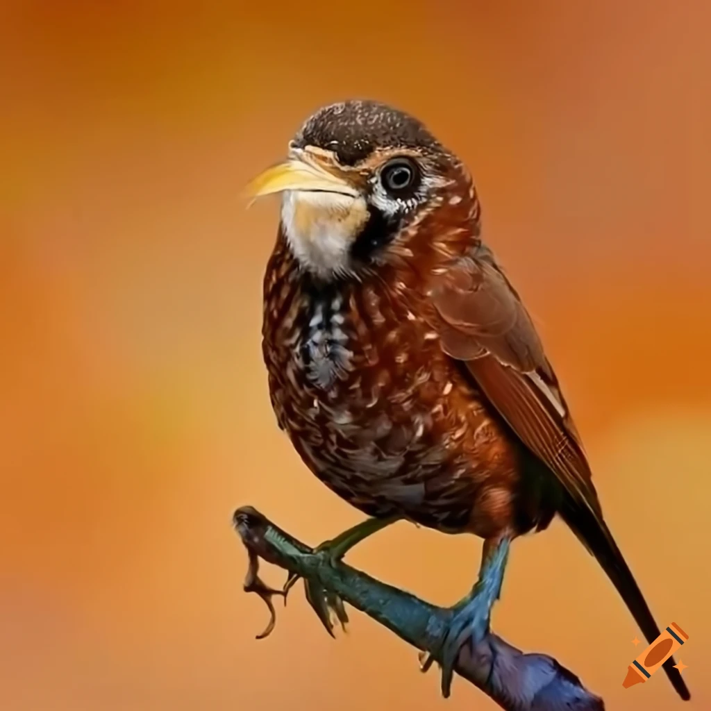 Brown bird with forward-facing eyes, tusks, and pincers in camo pattern