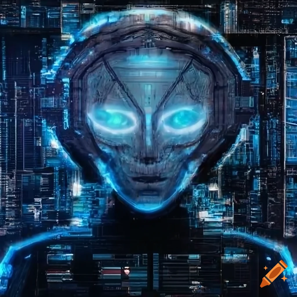 Surrealist alien spaceship machine with biomechanoid UFO face and computer windows