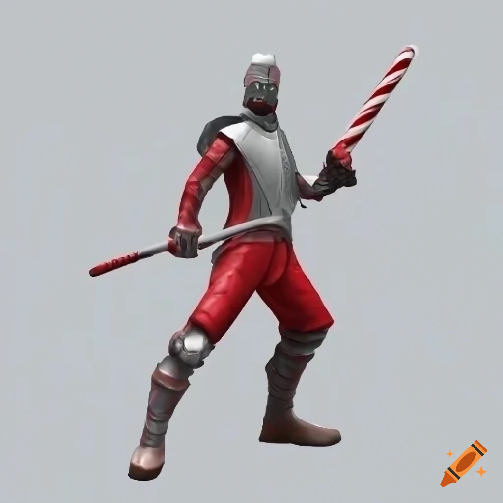 Realistic full body showcase view of a candy cane sword wielder in fencer style